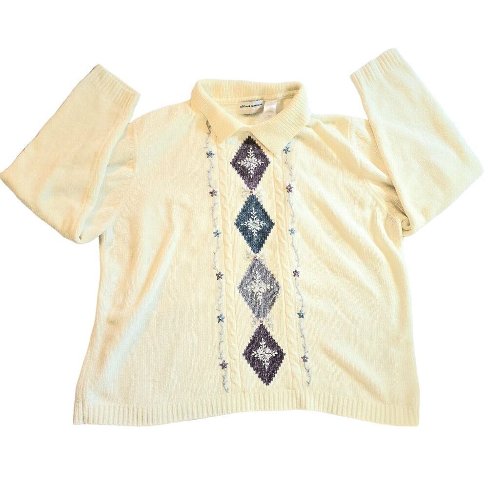 Alfred Dunner Womens 2x Cream Sweater Ivory Embroidered Long Sleeved Collared